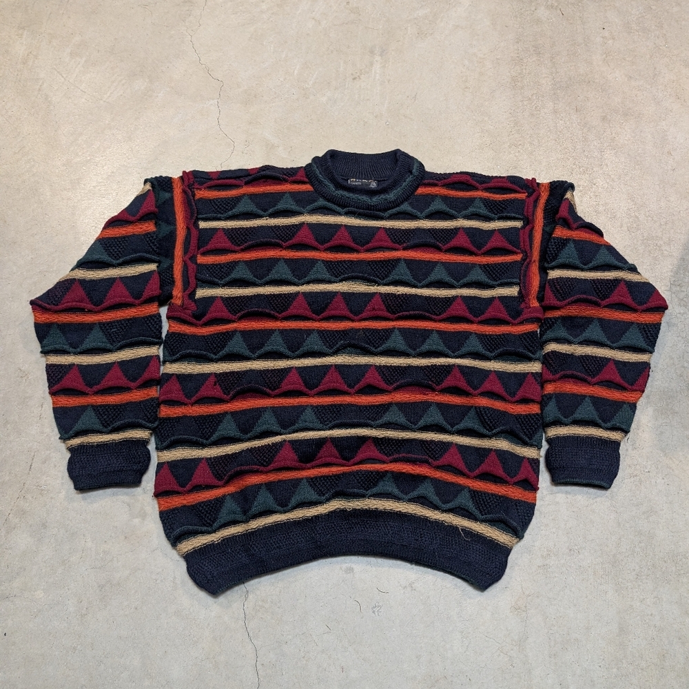 Vtg Coogi 3d Knit Triangle Striped Navy Red Blue Orange Rap Biggie Wool Flaws